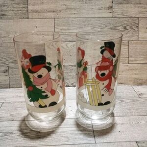 Vtg Luminarc Snowman Winter Christmas Glasses Set Of 2